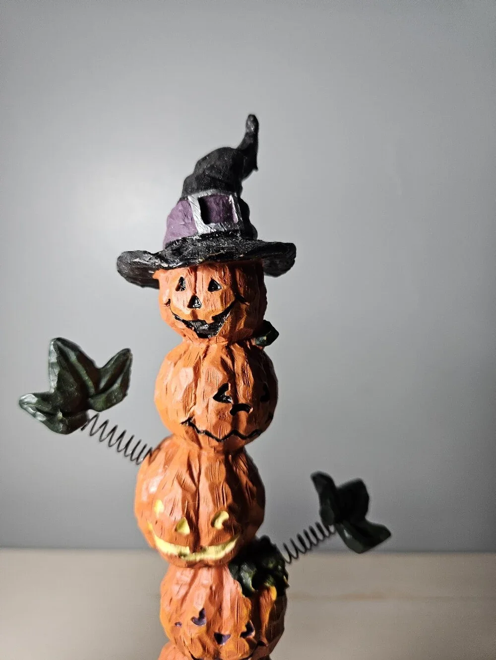 Vintage Style Primitive Halloween Figurine Set - Witch & Stacked Pumpkins (Pair)